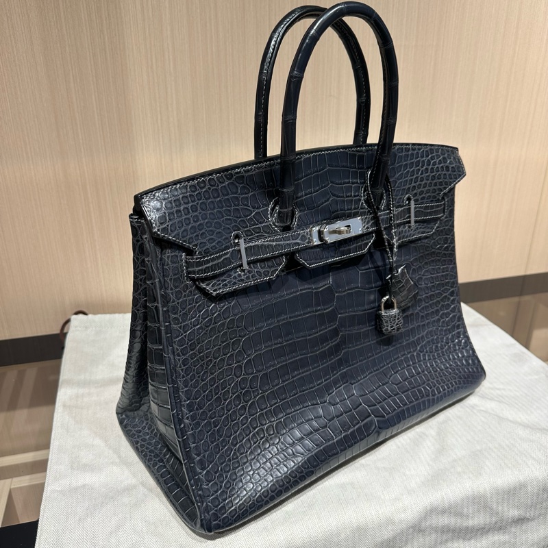 HERMES爱马仕 Birkin 35 雾面銀扣鳄鱼皮 铂金包手提包 石墨灰-1