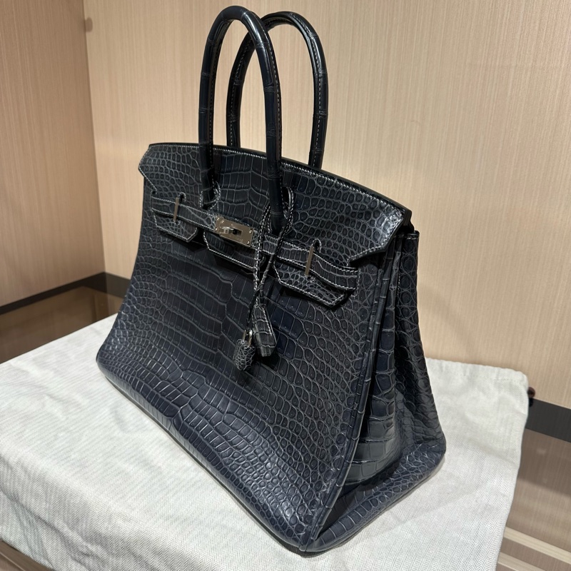 HERMES爱马仕 Birkin 35 雾面銀扣鳄鱼皮 铂金包手提包 石墨灰-2