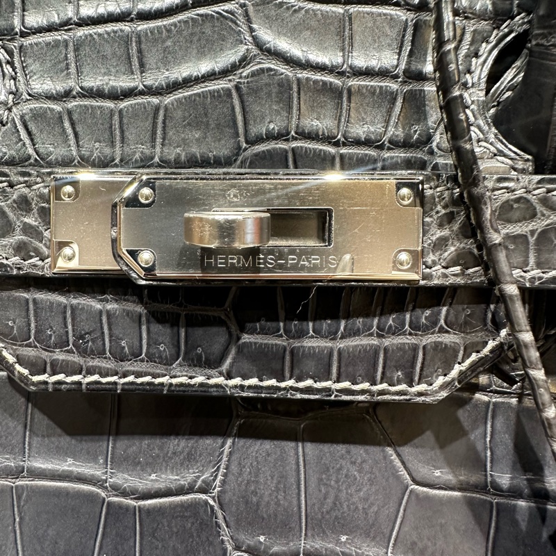 HERMES爱马仕 Birkin 35 雾面銀扣鳄鱼皮 铂金包手提包 石墨灰-4