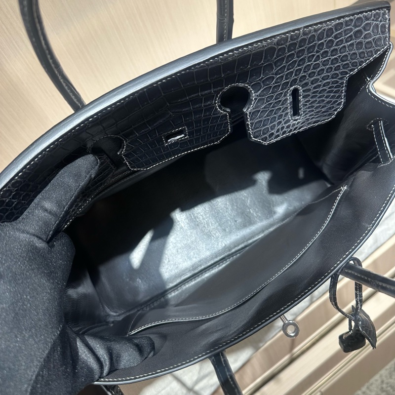 HERMES爱马仕 Birkin 35 雾面銀扣鳄鱼皮 铂金包手提包 石墨灰-6