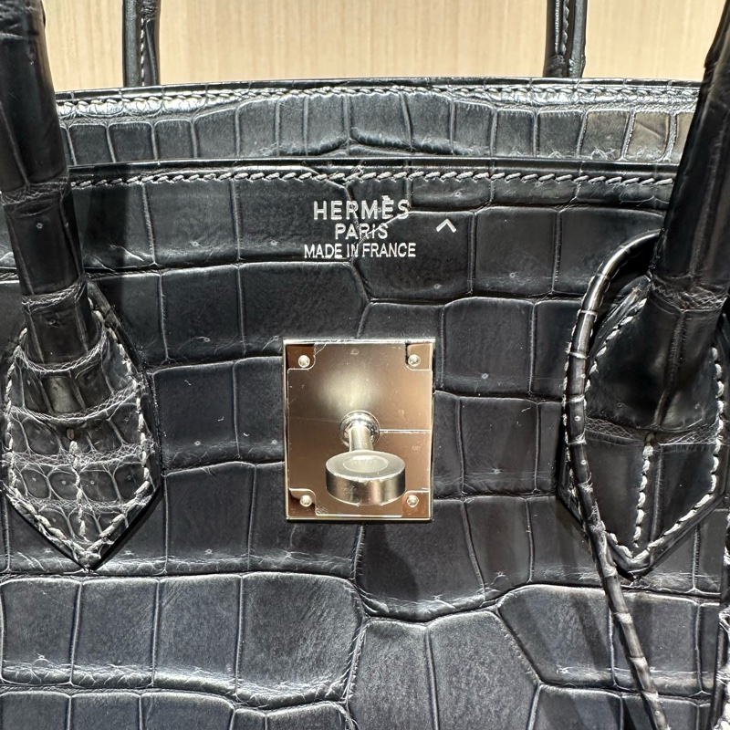 HERMES爱马仕 Birkin 35 雾面銀扣鳄鱼皮 铂金包手提包 石墨灰-7