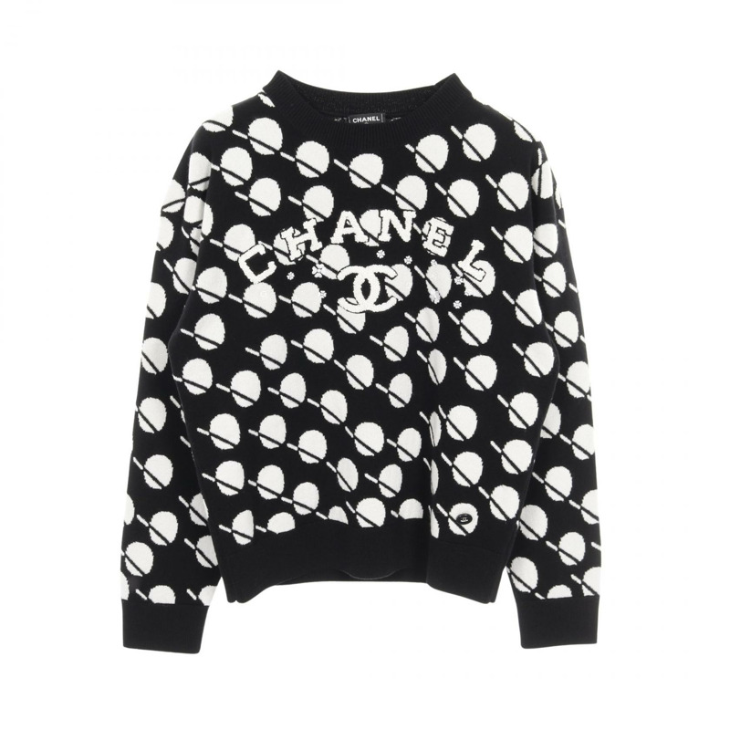 CHANEL COCO 馬克花朵圖案針織毛衣羊絨黑白二手尺寸 36 CC-0