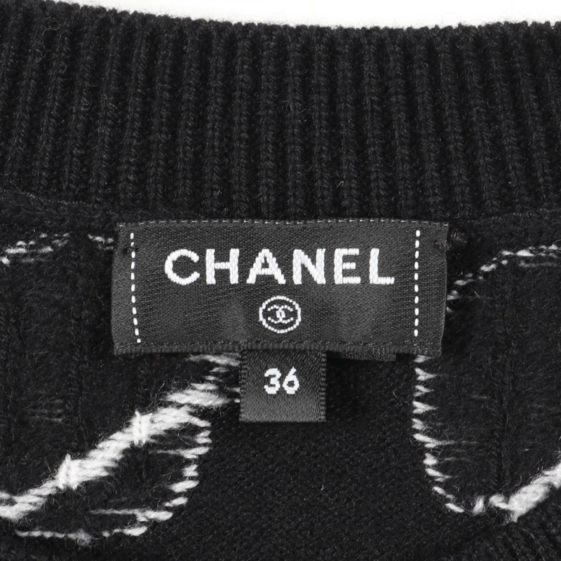 CHANEL COCO 馬克花朵圖案針織毛衣羊絨黑白二手尺寸 36 CC-2
