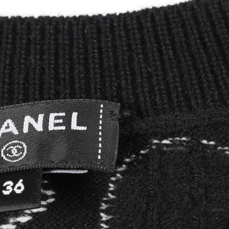 CHANEL COCO 馬克花朵圖案針織毛衣羊絨黑白二手尺寸 36 CC-5