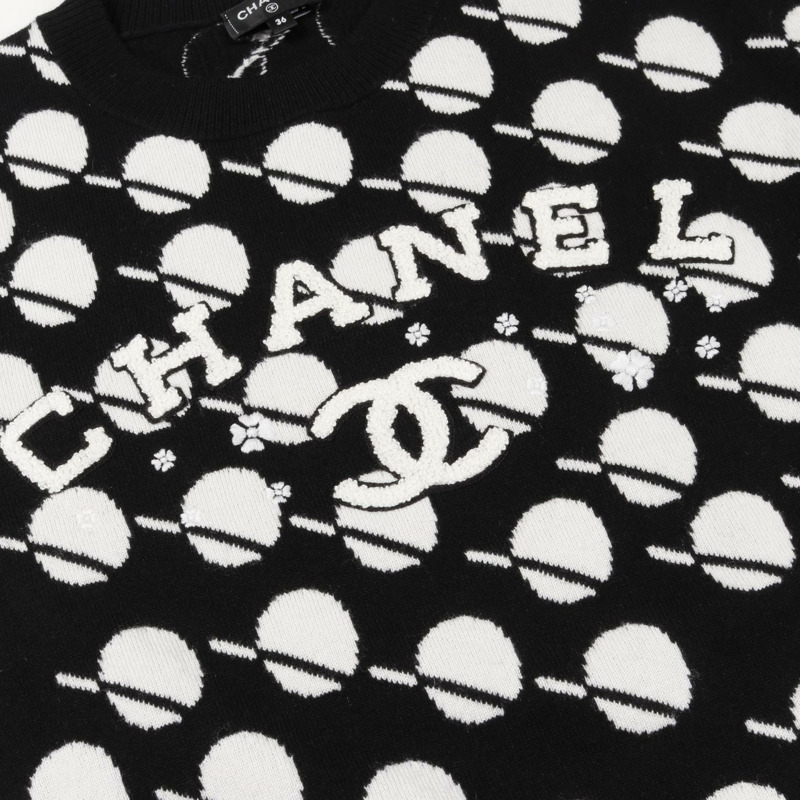 CHANEL COCO 馬克花朵圖案針織毛衣羊絨黑白二手尺寸 36 CC-7