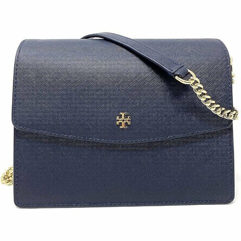 【TORY BURCH】雙TLOGO防刮皮革翻蓋斜背包-深藍色