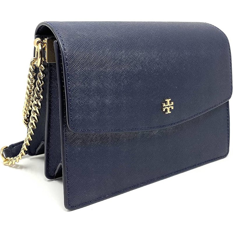 【TORY BURCH】雙TLOGO防刮皮革翻蓋斜背包-深藍色-2