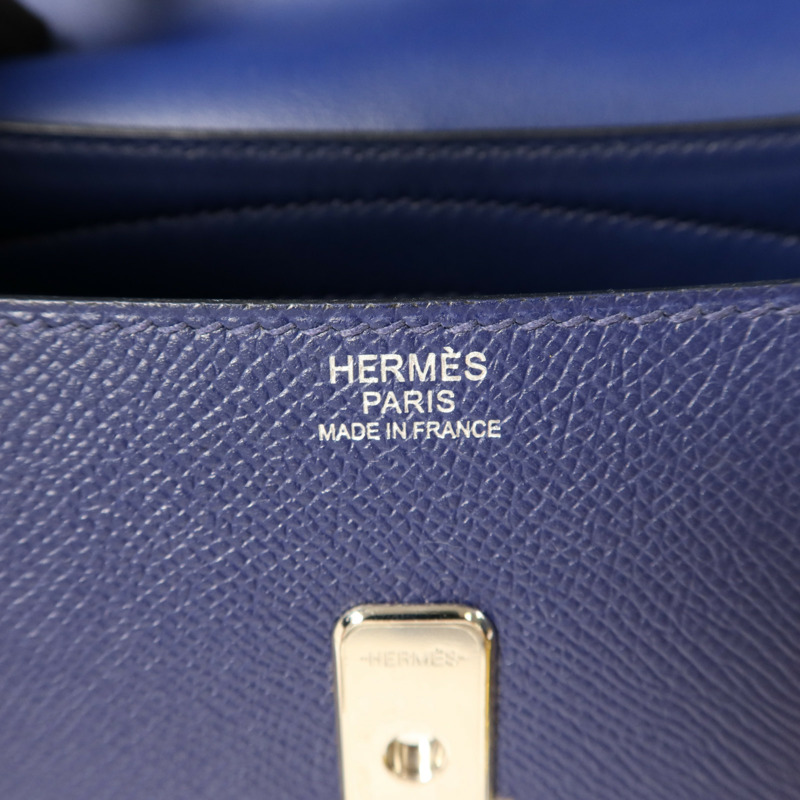 HERMES Epsom皮革/Swift皮革Harnais銀扣肩背袋Bleu Saphir-7