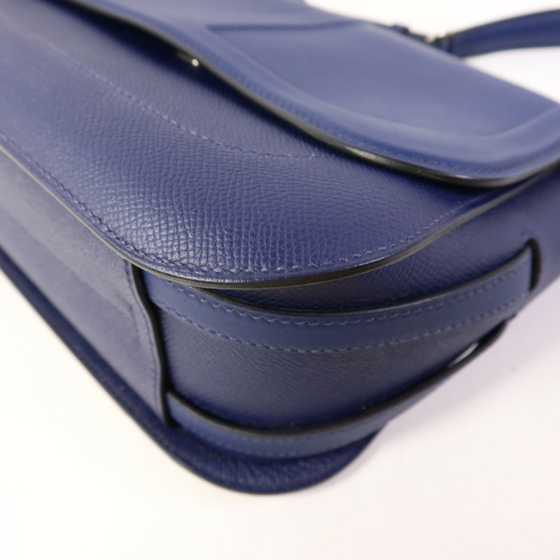 HERMES Epsom皮革/Swift皮革Harnais銀扣肩背袋Bleu Saphir-12