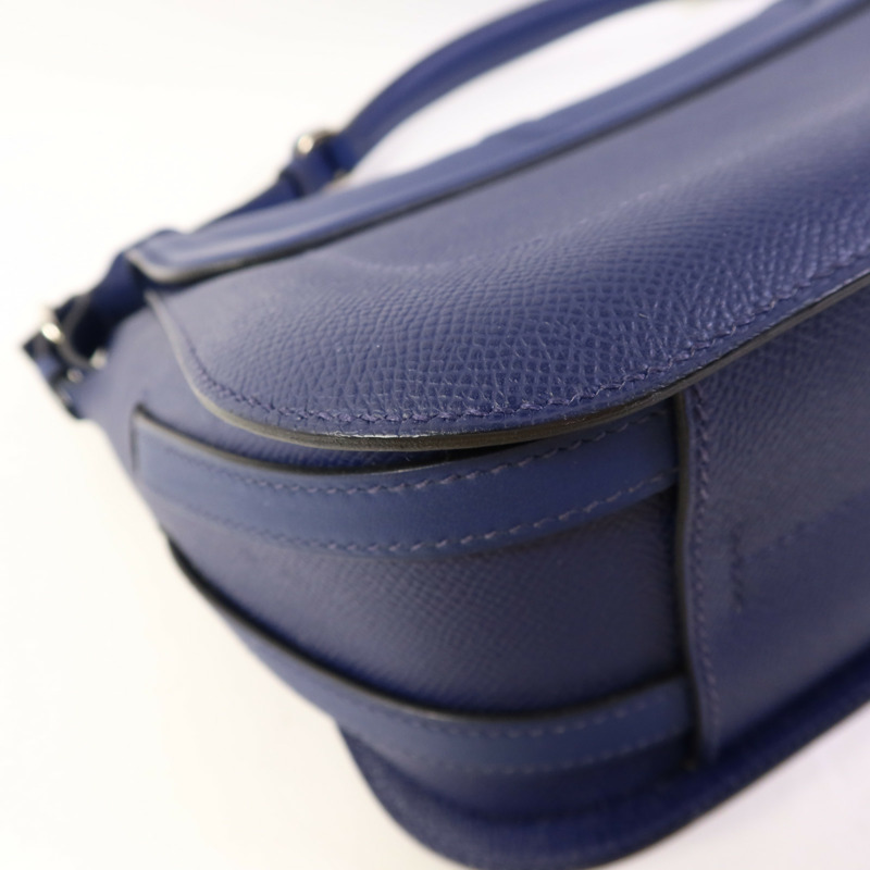 HERMES Epsom皮革/Swift皮革Harnais銀扣肩背袋Bleu Saphir-15