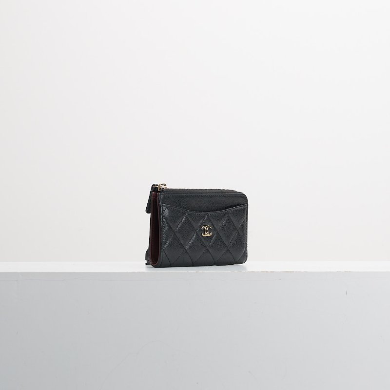 二手Chanel L拉鍊零錢卡包/黑金牛-1