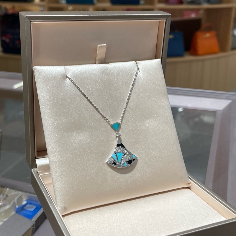 宝格丽/Bvlgari白金钻石黑玛瑙绿松石大号扇子项链-2