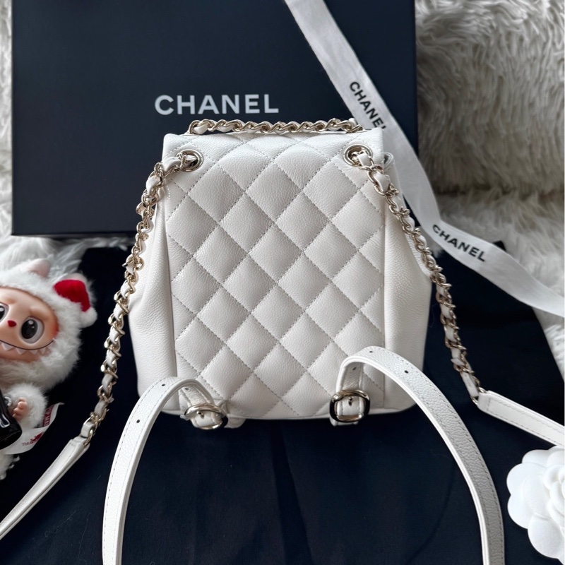 【配件:防塵袋 💕】Chanel 25P duma 小號 青蛙包 雙肩包 背包 白金 白色 金扣 荔枝牛皮-2