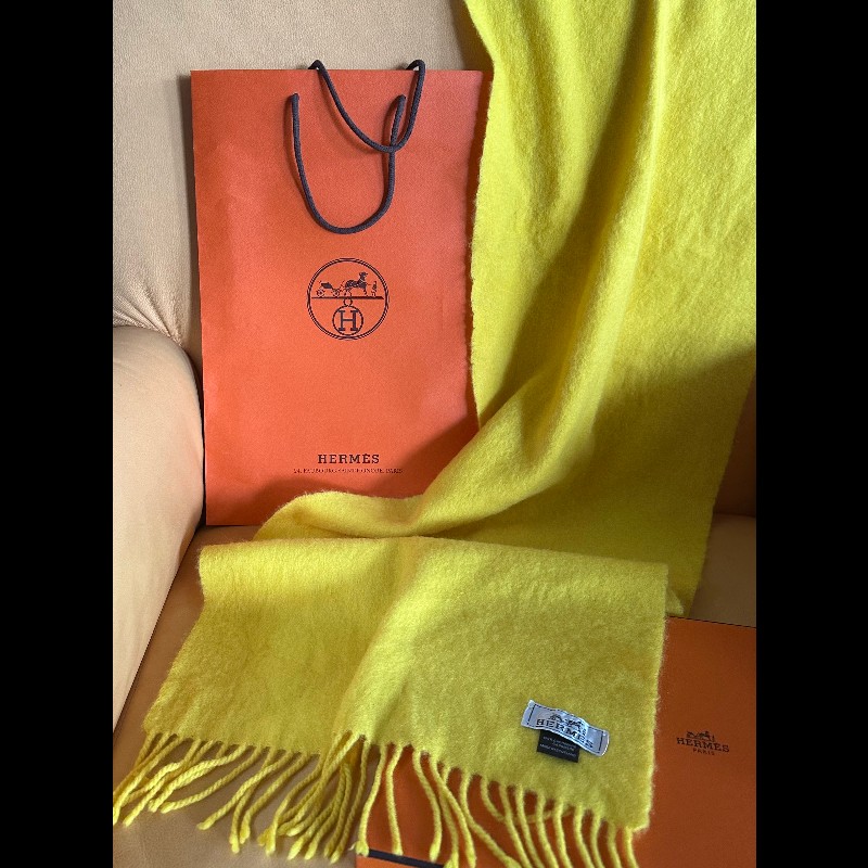 愛馬仕喀什米爾羊毛檸檬黃流蘇圍巾-0