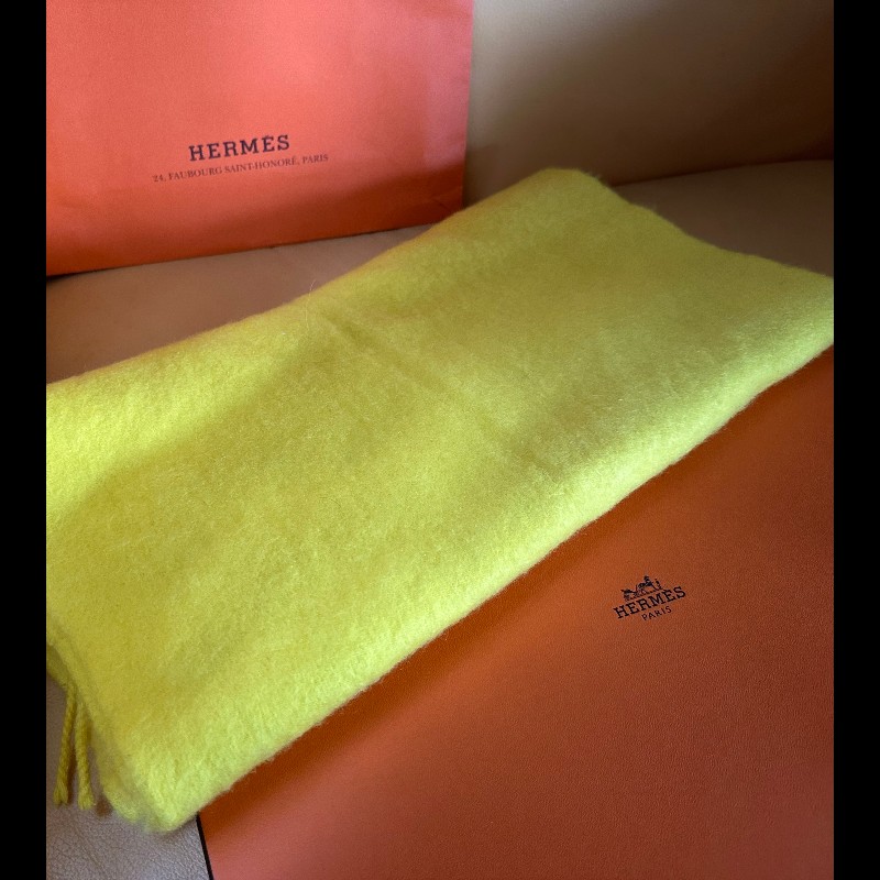 愛馬仕喀什米爾羊毛檸檬黃流蘇圍巾-2