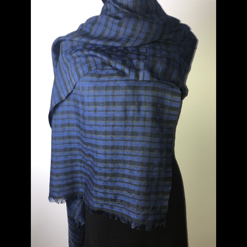 Louis Vuitton 深藍格紋羊毛圍巾-1