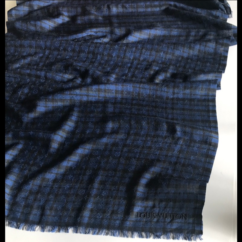 Louis Vuitton 深藍格紋羊毛圍巾-3