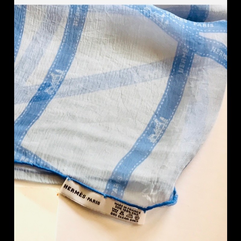 Herme'藍色緞帶白色格紋絲巾s-4