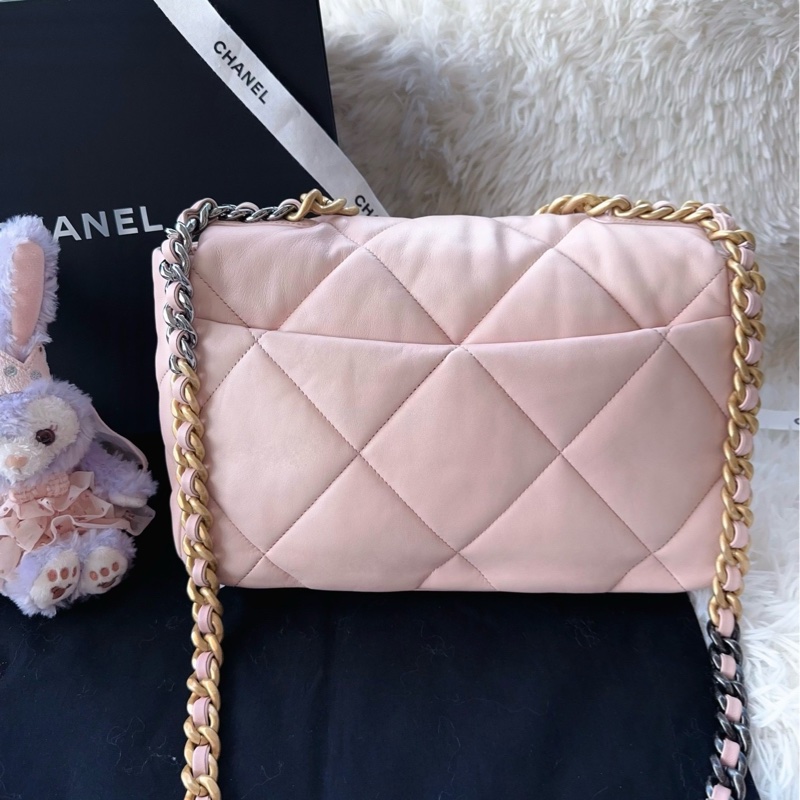 【配件:防塵袋 💕】Chanel 19bag 中號 櫻花粉色 奶油粉色 金扣 羊皮 手提 單肩 斜挎-1