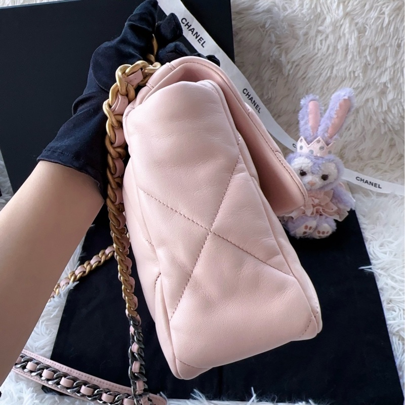 【配件:防塵袋 💕】Chanel 19bag 中號 櫻花粉色 奶油粉色 金扣 羊皮 手提 單肩 斜挎-2