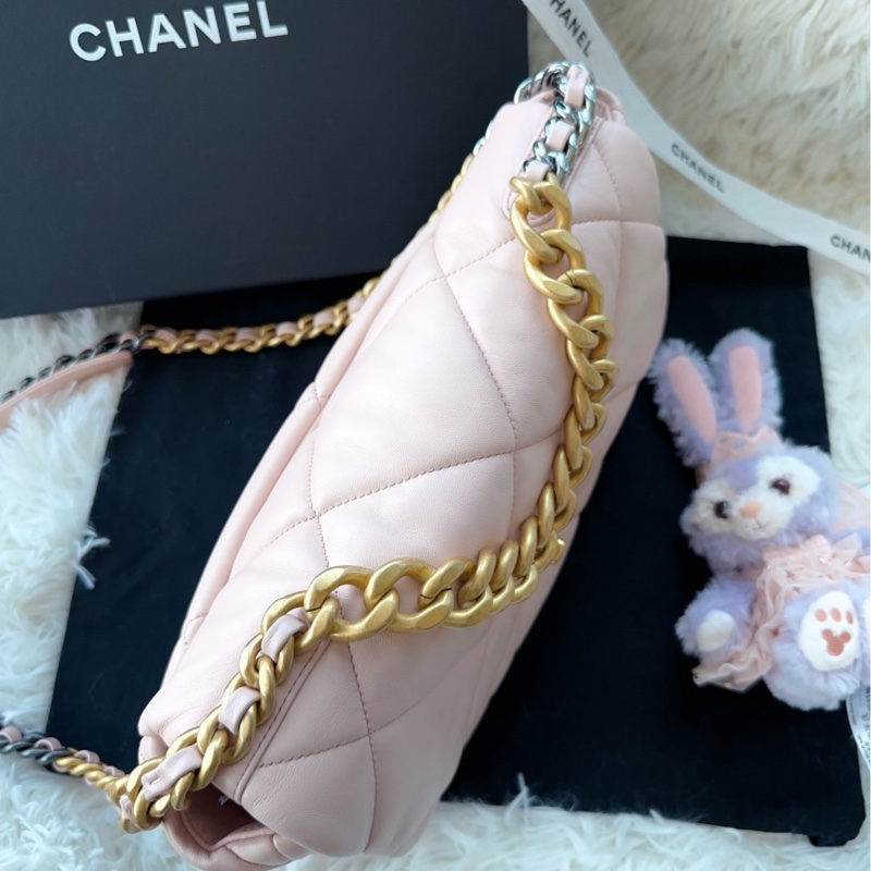 【配件:防塵袋 💕】Chanel 19bag 中號 櫻花粉色 奶油粉色 金扣 羊皮 手提 單肩 斜挎-3