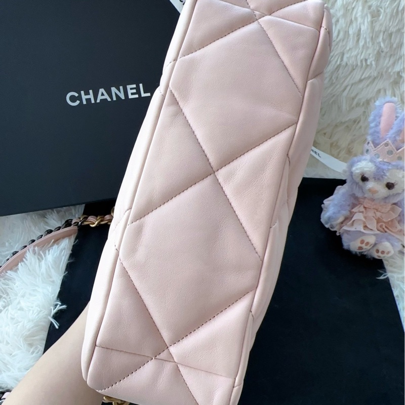 【配件:防塵袋 💕】Chanel 19bag 中號 櫻花粉色 奶油粉色 金扣 羊皮 手提 單肩 斜挎-4