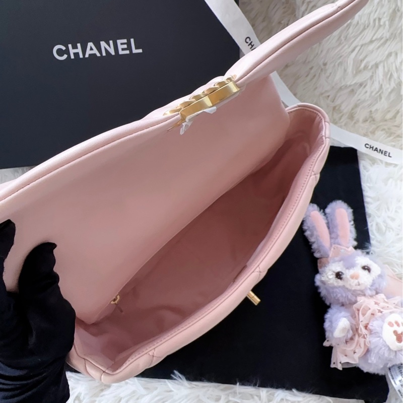 【配件:防塵袋 💕】Chanel 19bag 中號 櫻花粉色 奶油粉色 金扣 羊皮 手提 單肩 斜挎-5