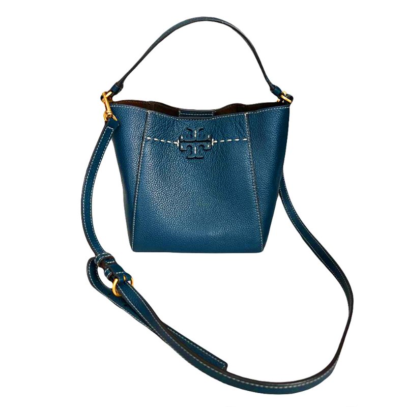 【TORY BURCH】荔枝紋皮革水桶包-藍綠色-2