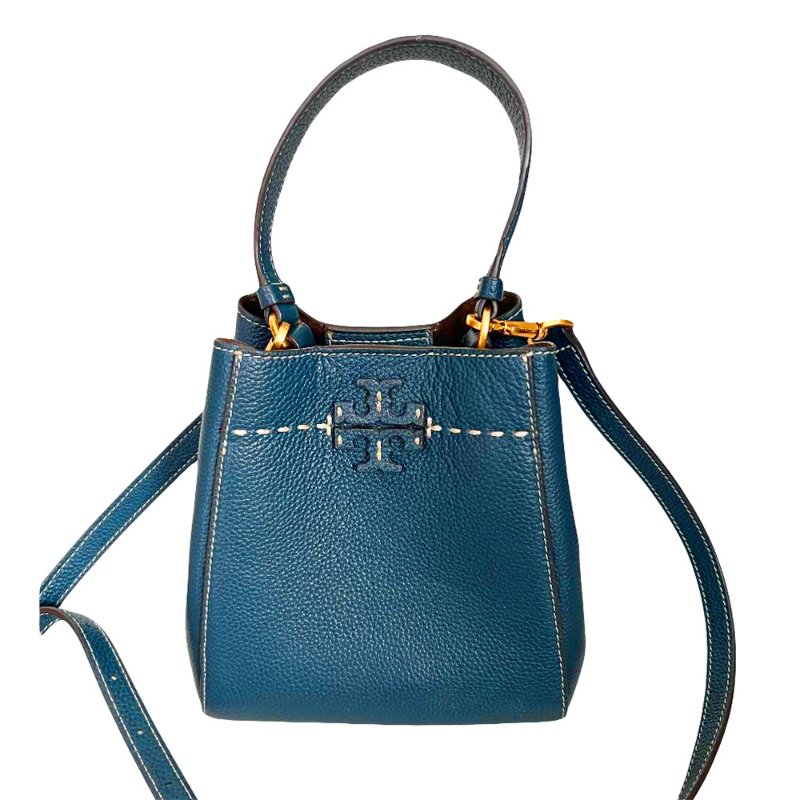 【TORY BURCH】荔枝紋皮革水桶包-藍綠色-4