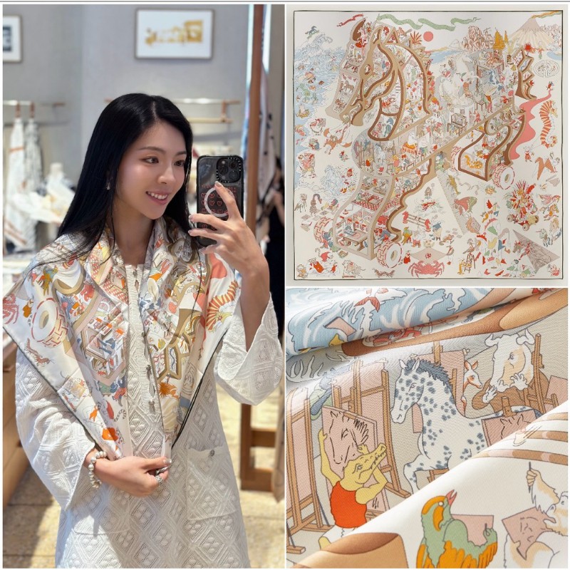 🌟全新🌟原價2萬 Hermes 愛馬仕 Academia Hippica 90 手工捲邊斜紋真絲方巾-0