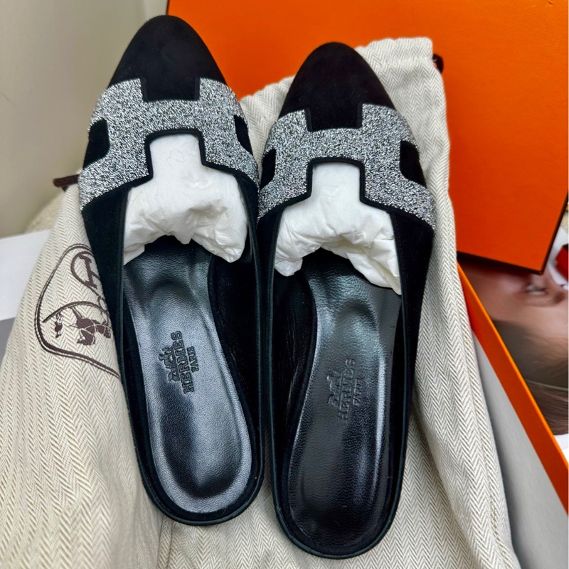【全❤️全套】Hermes H銀色鑽黑色穆勒拖半拖-0