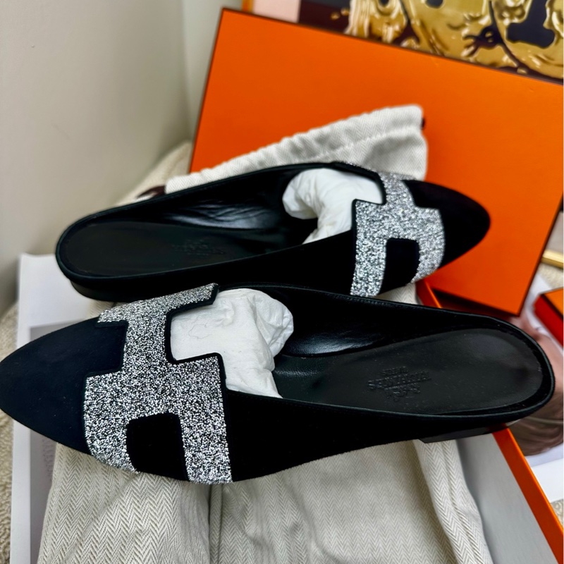 【全❤️全套】Hermes H銀色鑽黑色穆勒拖半拖-2