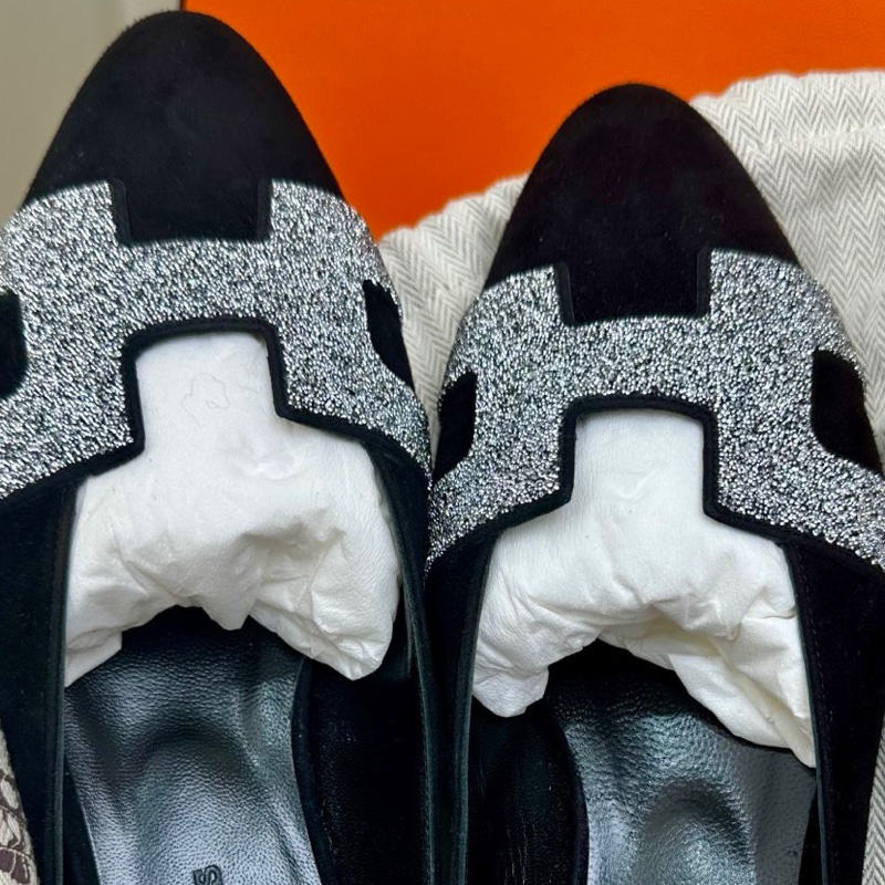 【全❤️全套】Hermes H銀色鑽黑色穆勒拖半拖-4