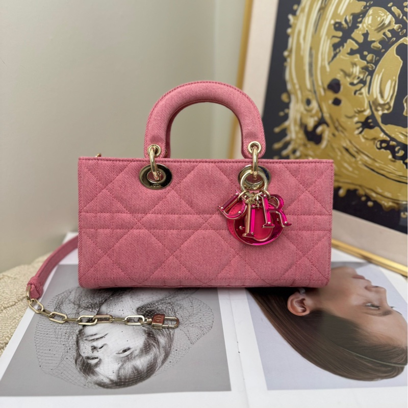 【閒置❤️】 Dior D-Joy粉色丹寧橫版戴妃包單肩斜挎包 手提包-0
