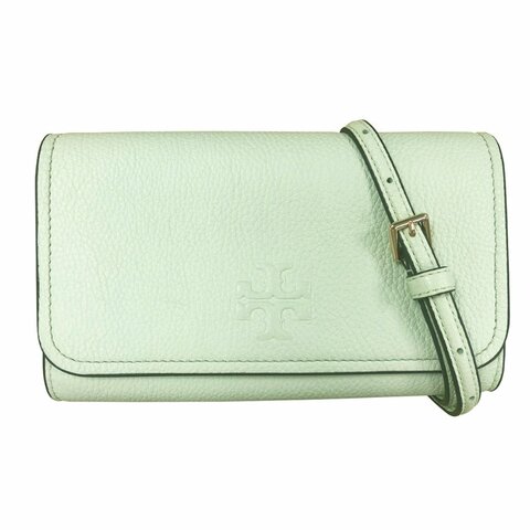 【TORY BURCH】素面皮革翻蓋斜背包-淺草綠色