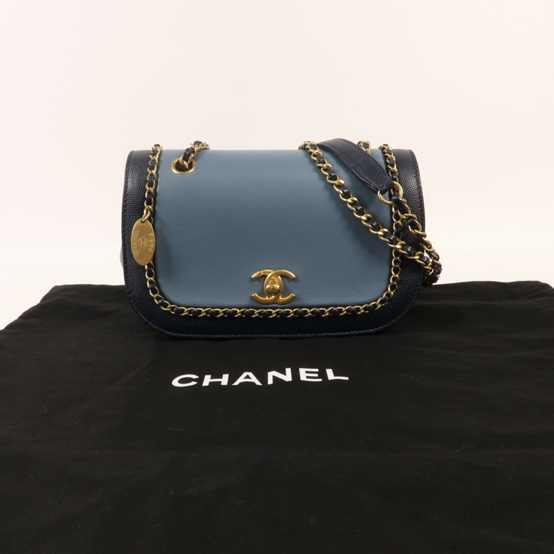 CHANEL 牛皮皮革Chain Shoulder金扣鏈帶肩背袋-14