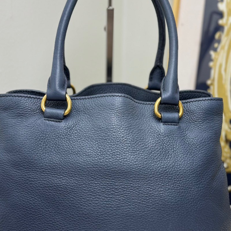 【近新閒置❤️】 Prada 荔枝紋牛皮藍色金扣手提托特包斜挎包-3