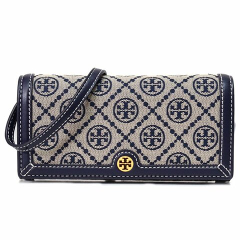 【TORY BURCH】緹花拼接皮革翻蓋斜背包-深藍色