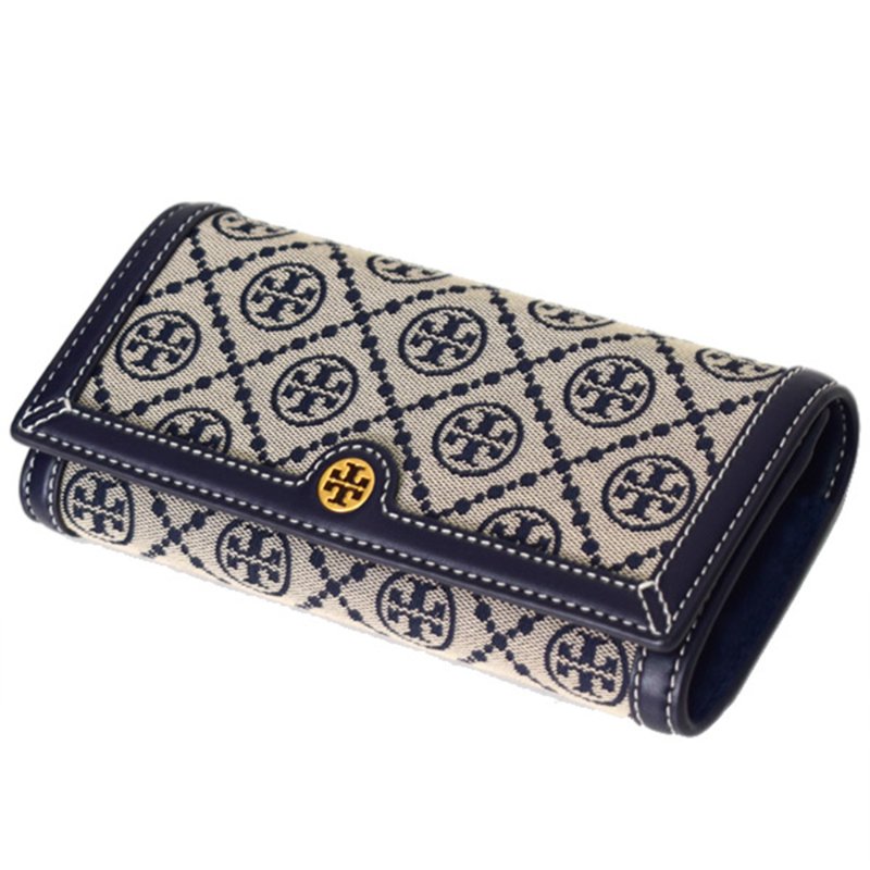 【TORY BURCH】緹花拼接皮革翻蓋斜背包-深藍色-1