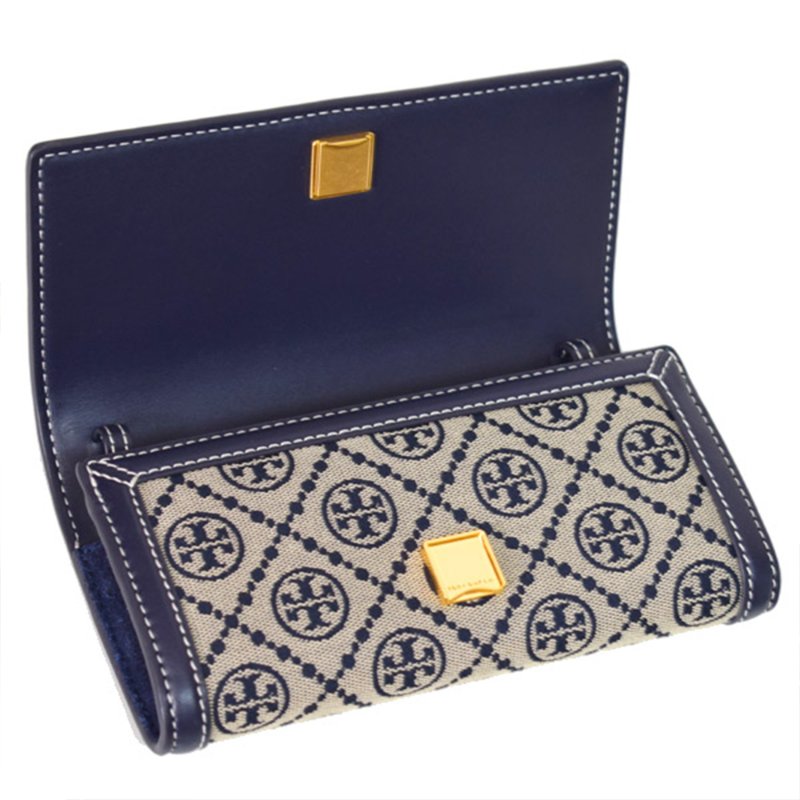 【TORY BURCH】緹花拼接皮革翻蓋斜背包-深藍色-2