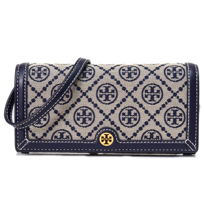【TORY BURCH】緹花拼接皮革翻蓋斜背包-深藍色-4