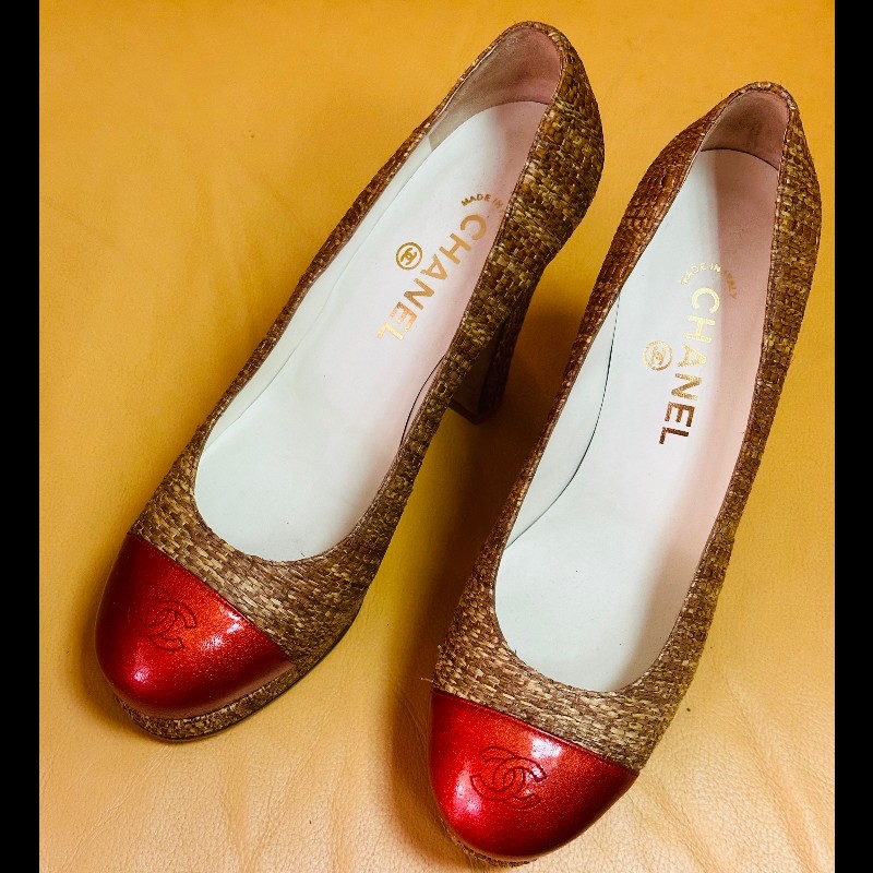 Chanel金色拼紅色高跟鞋-0