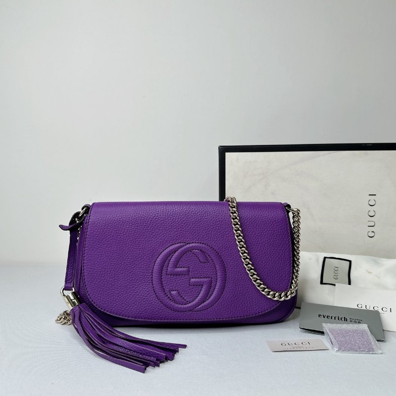 GUCCI Soho紫色全皮革流蘇鏈帶包-0