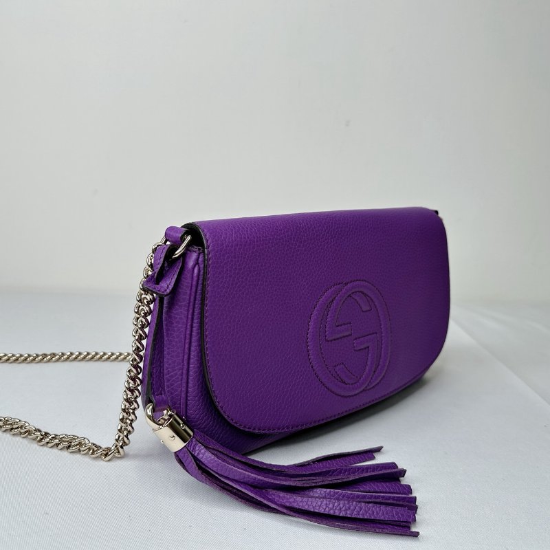 GUCCI Soho紫色全皮革流蘇鏈帶包-3