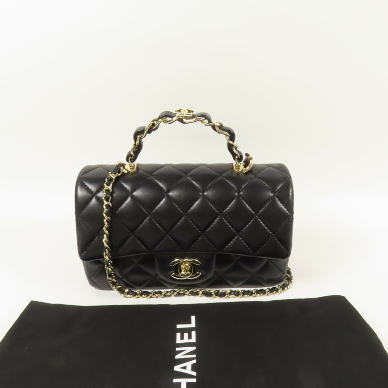 CHANEL 羊皮皮革23K Top Handle金扣手挽肩背兩用袋-10