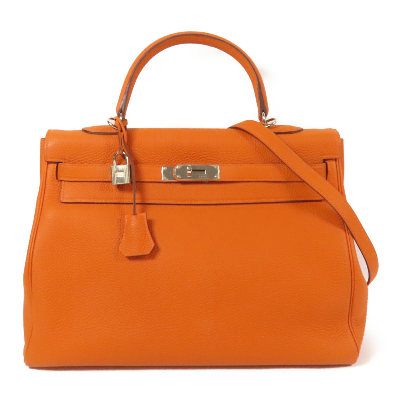 HERMES Clemence皮革Kelly 35銀扣手挽肩背兩用袋Classic Orange-0