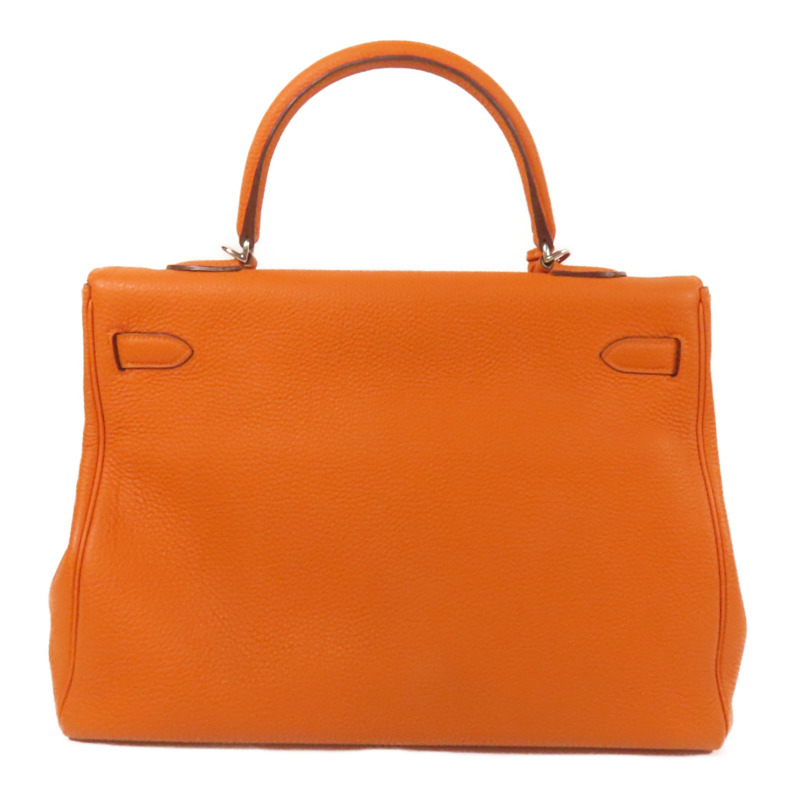 HERMES Clemence皮革Kelly 35銀扣手挽肩背兩用袋Classic Orange-1