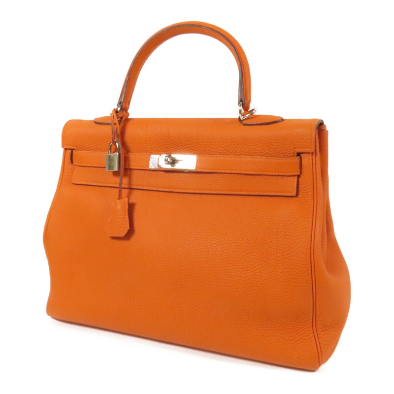 HERMES Clemence皮革Kelly 35銀扣手挽肩背兩用袋Classic Orange-2