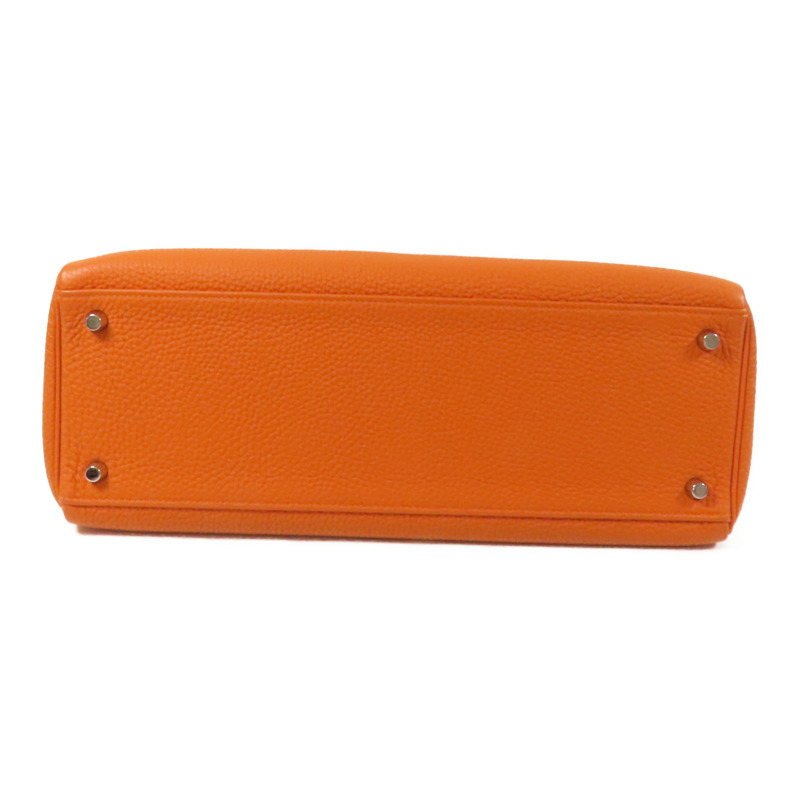 HERMES Clemence皮革Kelly 35銀扣手挽肩背兩用袋Classic Orange-3