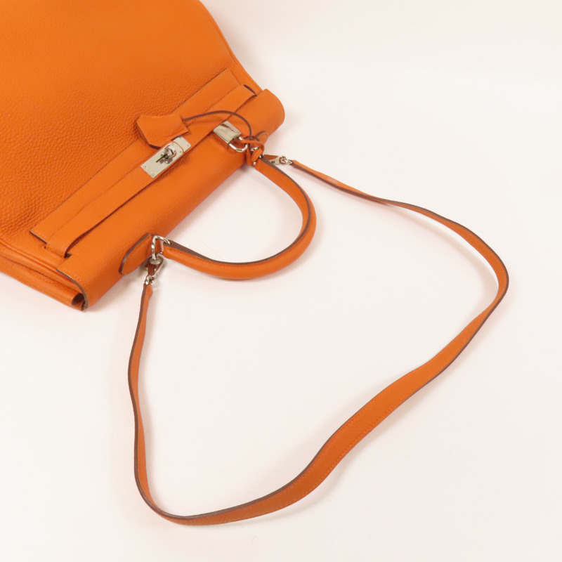 HERMES Clemence皮革Kelly 35銀扣手挽肩背兩用袋Classic Orange-4